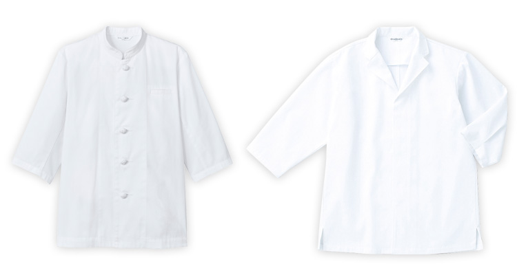 左:コックコート(AS9004)|右:白衣(DN6853)