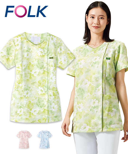 FOLK 花柄ジップスクラブ 7034SC レディース フラワー柄  半袖 医療用白衣 クリニック 女性用 看護師 病院 フォーク